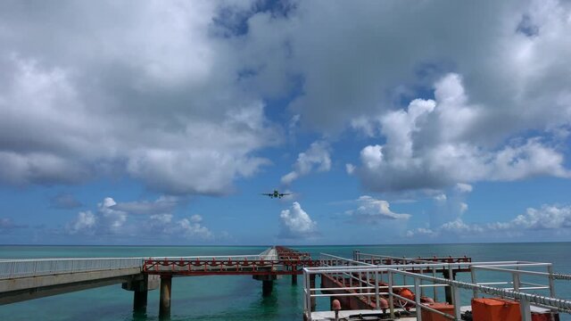 Okinawa,Japan-July 17, 2020: An aircraft landing at Runway 17 of Miyako Shimojishima Airport, Okinawa, Japan
