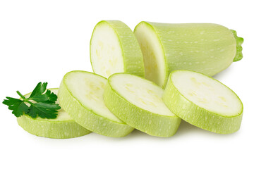 fresh green zucchini or marrow with slices and parsley isolated on white background