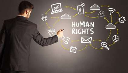 businessman drawing social media icons with HUMAN RIGHTS inscription, new media concept