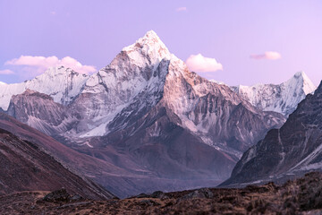 Ama Dablam in the purple haze of a beautiful Himalayan sunset.
