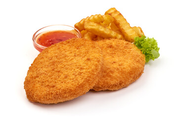 Chicken Cordon bleu in breadcrumbs, isolated on white background