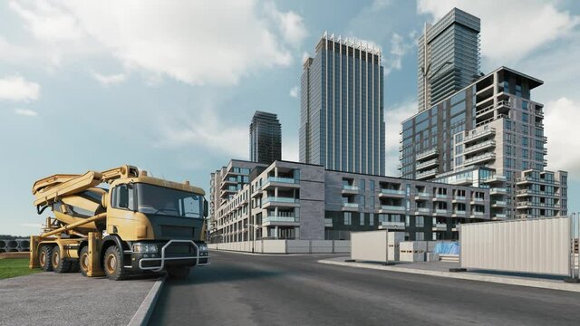 Residential area construction timelapse. Residential building construction animation. Concrete mixer truck on the background of building houses. Project construction site. 3d visualization