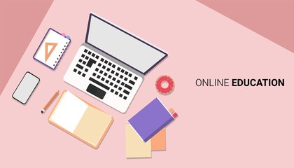 Laptop, Smartphone And Books On Student's Table, Pink Background, Vector