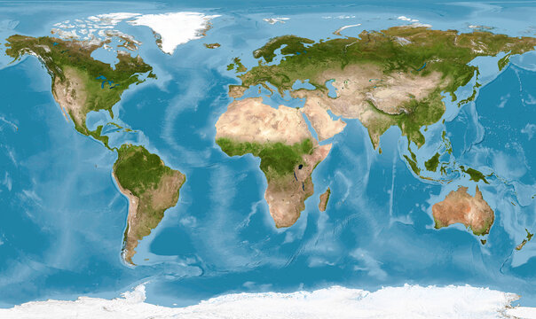 World map in satellite photo, Earth flat view from space. Elements of this image furnished by NASA.