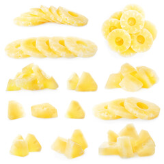 Set of canned pineapple rings and pieces on white background