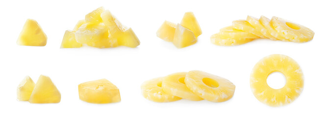 Set of canned pineapple rings and pieces on white background, banner design