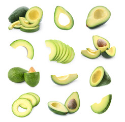 Set of cut and whole avocados on white background