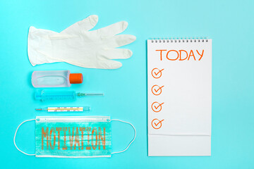 Word writing text Motivation. Business photo showcasing the general desire or willingness of someone to do something Set of medical equipment with notepad for health condition assessment - obrazy, fototapety, plakaty