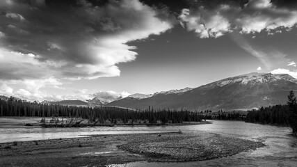 Black and White Photo of Daybreak over the Athabasca River near the town of Jasper in Jasper National Park in the Canadian Rocky Mountains