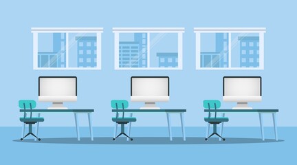 Computer Classroom With No Pupils Indoor, Blue Background, Vector Illustration
