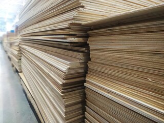 Las hojas de madera contrachapada se apilan en filas