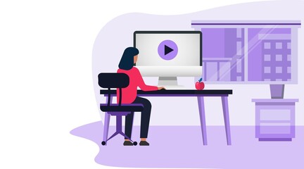 Girl At Computer Learning Watching Video Course Indoor, Purple Background