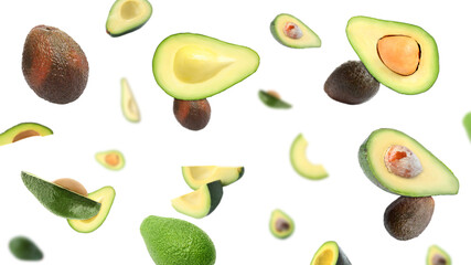 Fresh ripe avocados falling on white background, banner design