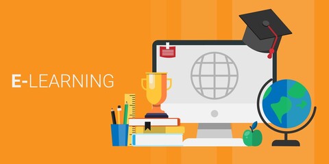 Computer With Academic Cap Standing Over Orange Background, Panorama, Vector