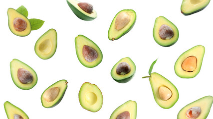 Fresh ripe avocados falling on white background, banner design