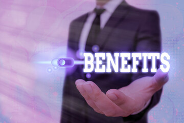 Text sign showing Benefits. Business photo text produces helpful results or effects that promote...