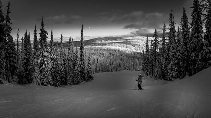 Black and White Photo a skier on the Ski Slopes of Sun Peaks Resort in the Shuswap Highlands, British Columbia, Canada
