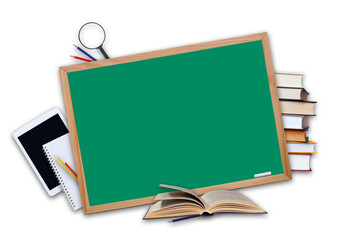 stack of books and open book with red apple, magnifying glass, tablet, notebook, pencils, maple leaves and blackboard