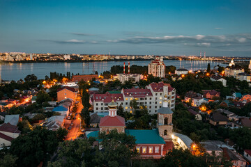 Fototapeta na wymiar Night summer Voronezh skyline. Aerial view from the roof