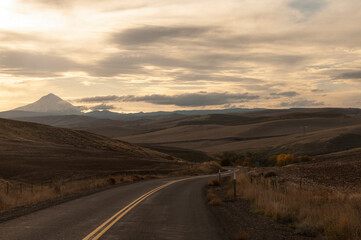 Oregon Country Road with Mt Hood in the Distance Near Sunset, Taken in Autumn