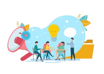 Illustration With Office People, Megaphone And Lightbulb On White Background