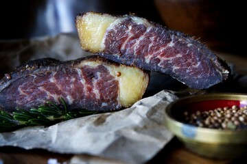 Close up view of two pieces of Traditional South African Biltong