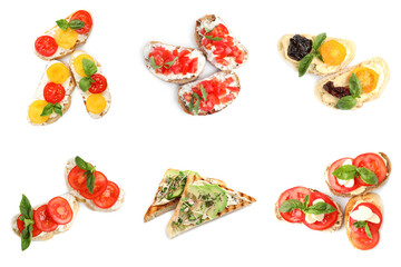 Set of different bruschettas on white background, top view
