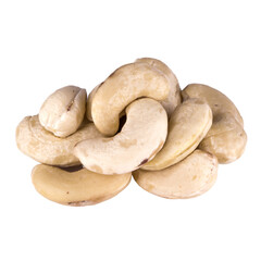 raw cashew nuts stacked in a pile and isolated on white background, closeup, detailed texture of walnut skin, macro photo
