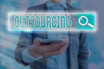 Text sign showing Outsourcing. Business photo showcasing obtain goods or a service from an outside...