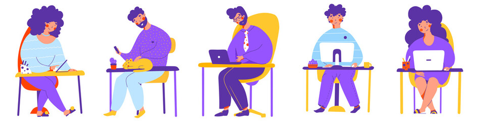 Work from home with smartphone app, flat vector cartoon style. Business concept.