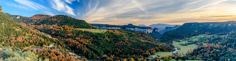 Panoramic autumn landscape (Collsacabra Mountains, Sau Reservoir, Catalonia, Spain)