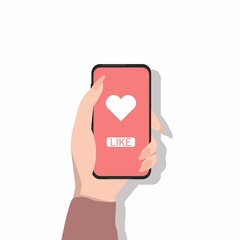 Female Hand Holding Phone With Like Icon, White Background, Illustration