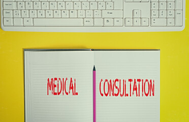 Handwriting text Medical Consultation. Conceptual photo act of seeking assistance from another physician Copy space on notebook above yellow background with keyboard on table