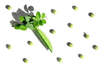 Pattern from pods of green peas and individual peas with shadow on white isolated background. Fresh vegetables, vitamins. Flat lay. Healthy food concept.
