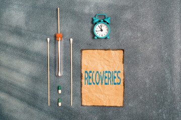 Conceptual hand writing showing Recoveries. Concept meaning process of regaining possession or...
