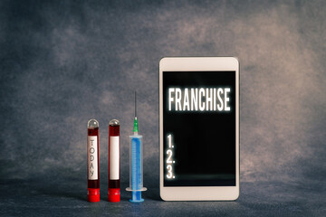 Text sign showing Franchise. Business photo showcasing right or license granted to an individual or...