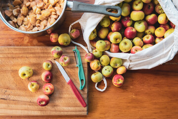 Bag of red and green crabapples spilling onto a wooden bench next to chopping board, knife, peeler and pot full of chopped apples.