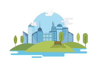 Vector illustration of multi-storey buildings with park and lake