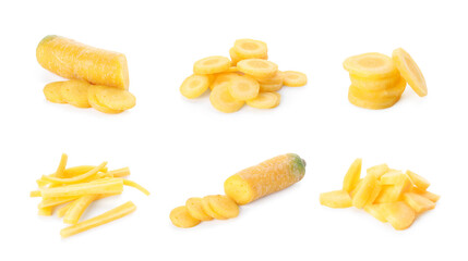 Set of cut yellow carrots on white background, banner design