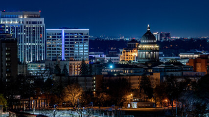 Close up of part of the Boise skyline and capital building at night