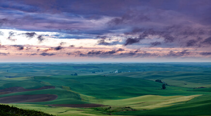 Farm fields of the Palouse on a rainy morning with cloud drama