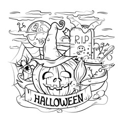 Cartoon vector outline illustration of a happy Halloween. Linear art, detailed. All objects are separated. Vector. Coloring book, background.