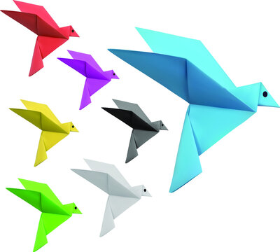Seven blue origami birds are flying leading by a blue bird, isolated on white