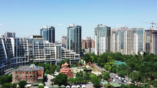 Aerial view. Buildings and residential apartments on the Black Sea coast in Odessa on a sunny summer day. Recreation and entertainment on the seaside. Arcadia Beach, Ukraine, Odessa