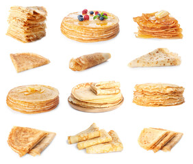 Set of tasty thin pancakes on white background
