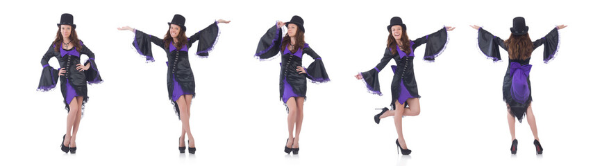 girl wearing violet and black dress isolated on white