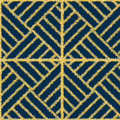 Abstract geometric seamless pattern of golden glittering lines on dark blue background. Simple classic ornament