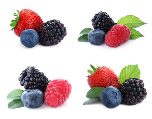 Set of different mixed berries on white background