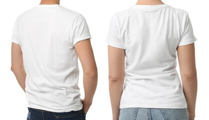 Man and woman in t-shits on white background, closeup with back view. Mockup for design