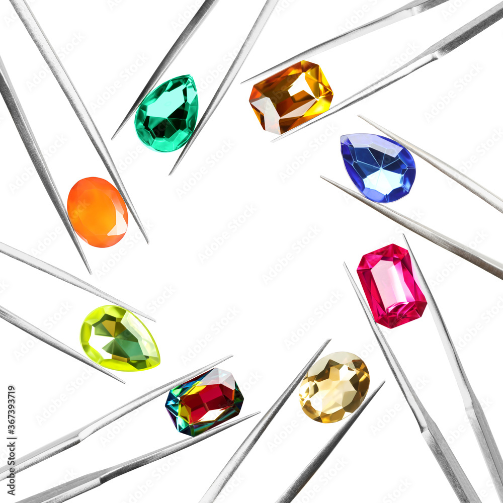 Sticker Frame of tweezers with different shiny gemstones on white background